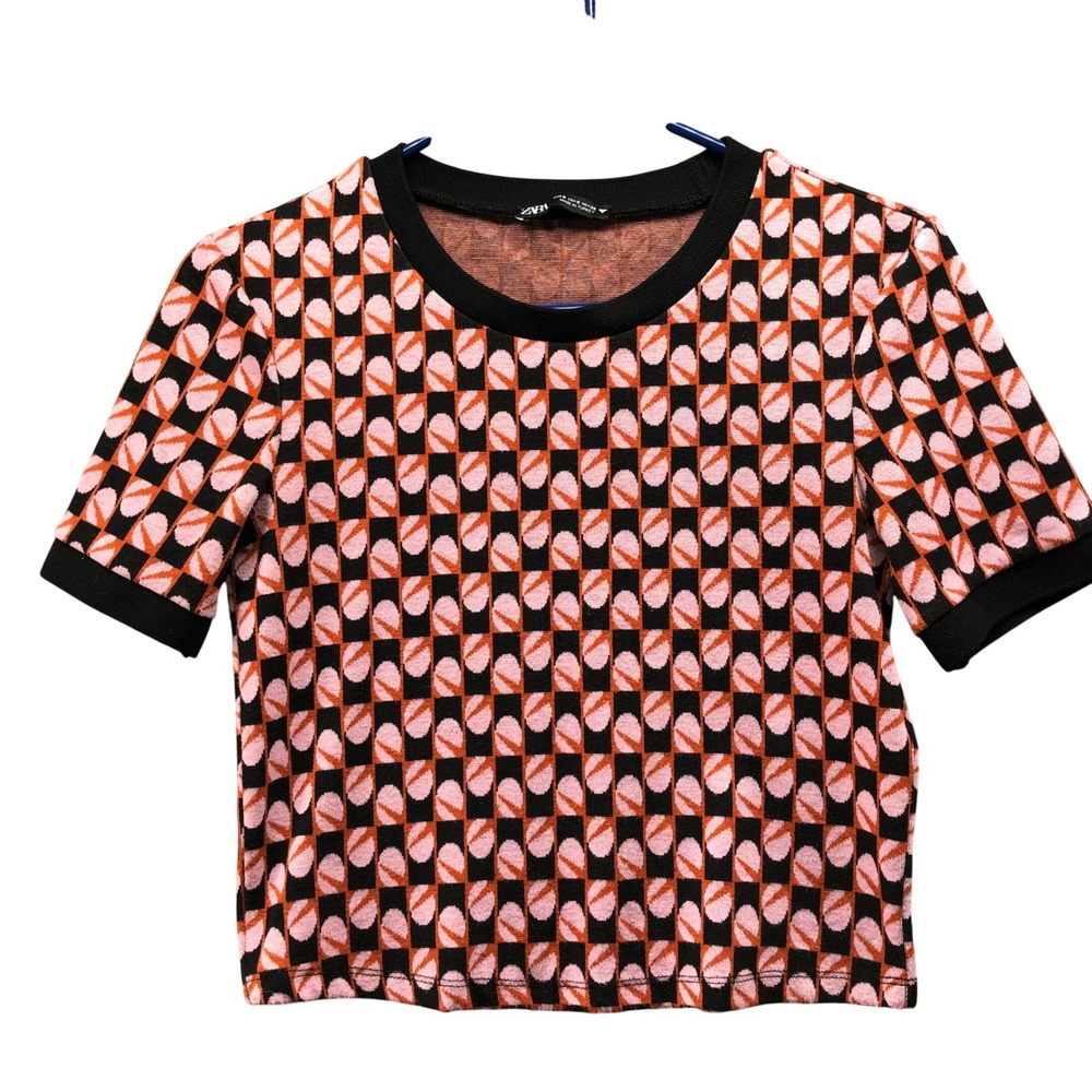 Zara Checkered Geometric Print Knit Top Womens S Pink Black Orange Short Sleeve